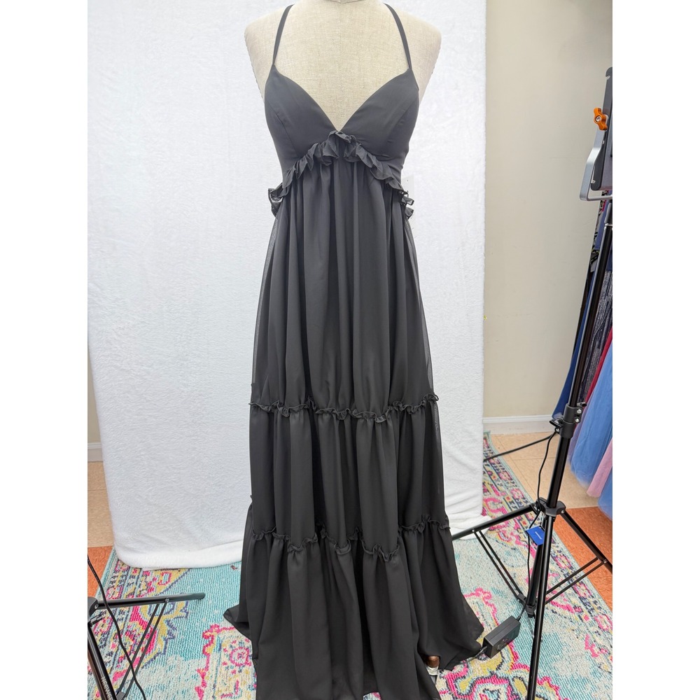 Wear Your Love Maxi Dress Women Size 0 New Black Tiered Ruffle Lace-Up Back Gown
